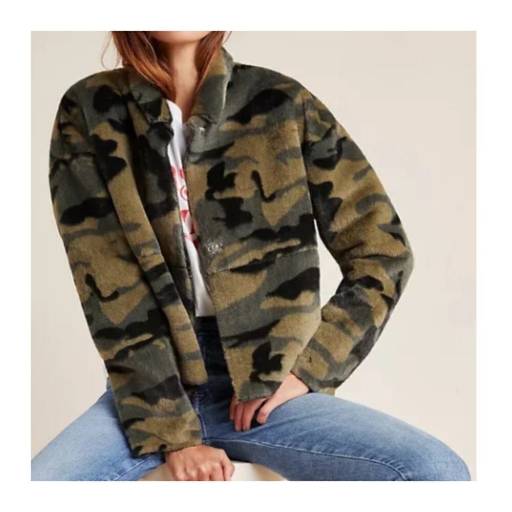 New NVLT Vincenza Camo Faux Fur Jacket Collared Snap-Front Oversized Women XS